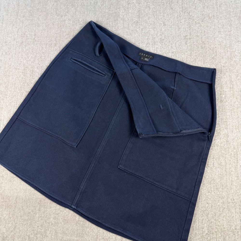 Theory Mini Skirt Womens 4 Navy Blue Textured A-Line Front Pocket Fedla